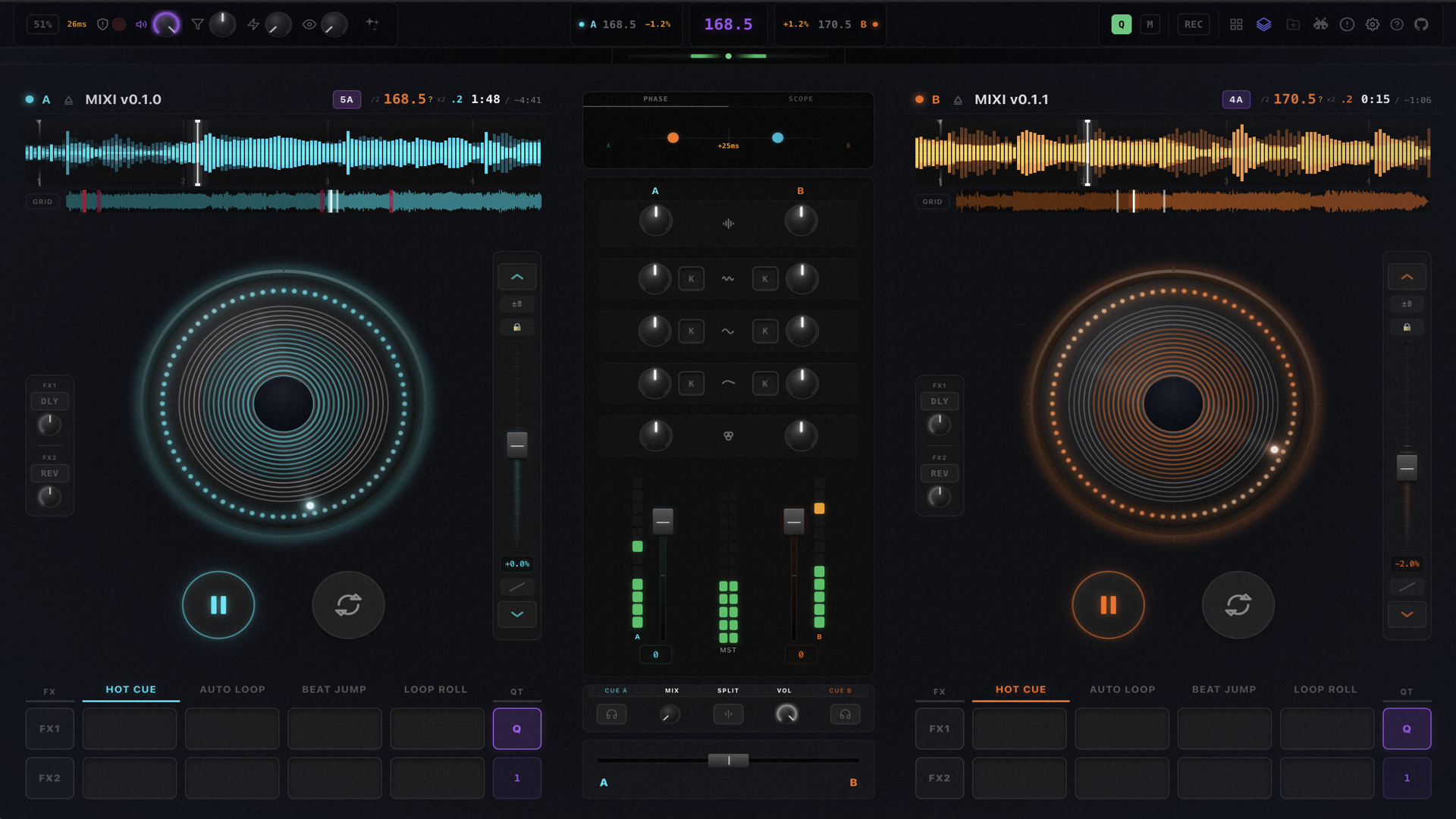 MIXI DJ workstation interface showing dual decks, waveforms, mixer, and groovebox